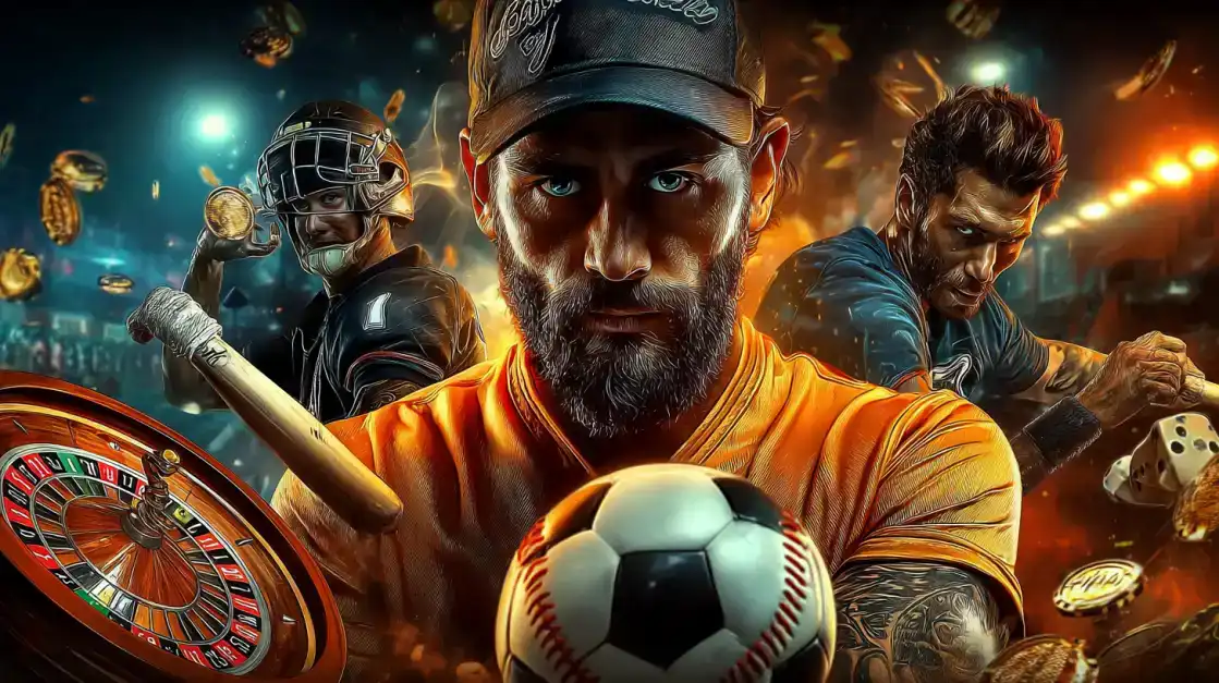 TK666 is your ultimate destination for sports betting. A determined man is surrounded by symbols of soccer, baseball, and American football, plus casino elements.