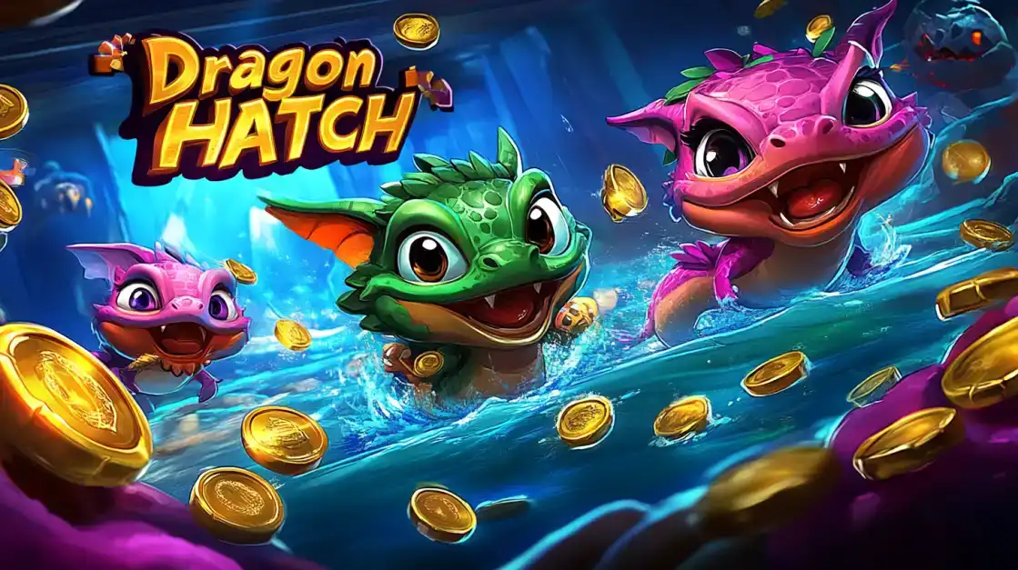 Play the exciting Dragon Hatch slot game at TK666. Three adorable baby dragons swim and play in a river filled with shiny gold coins, promising big wins.
