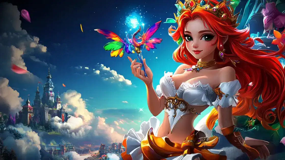 Enter a magical world with TK666's fantasy-themed slots. A beautiful princess with vibrant red hair holds a glowing butterfly, with a majestic castle in the clouds behind her.