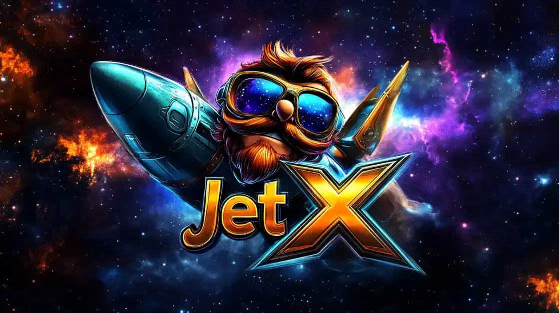 Blast off for an interstellar adventure with the JetX crash game, available at TK666. A cool pilot with a jetpack soars through a colorful, fiery galaxy.